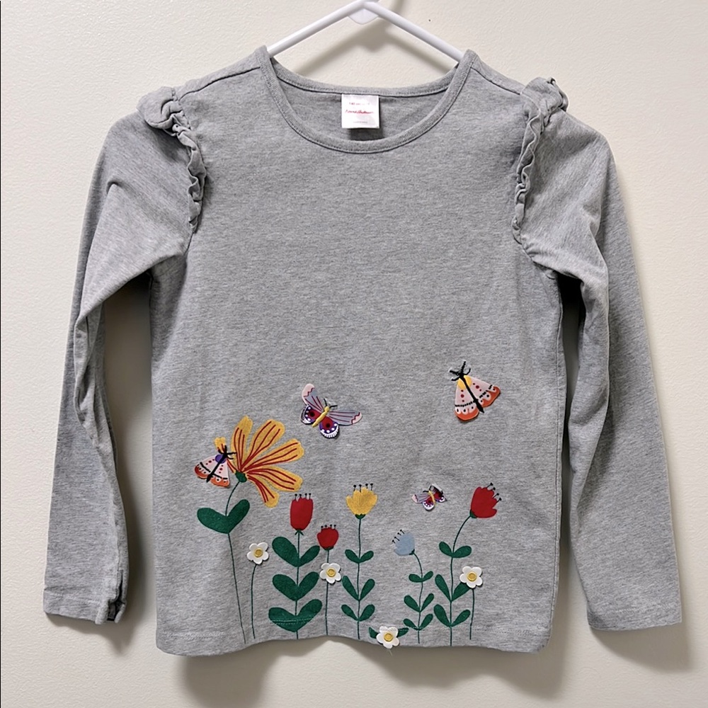 Gray Long Sleeve Shirt with Floral and Butterfly Design